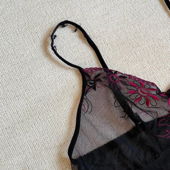 Vintage y2k Black Mesh Embroidered Slip Dress - Picture 3 of 4